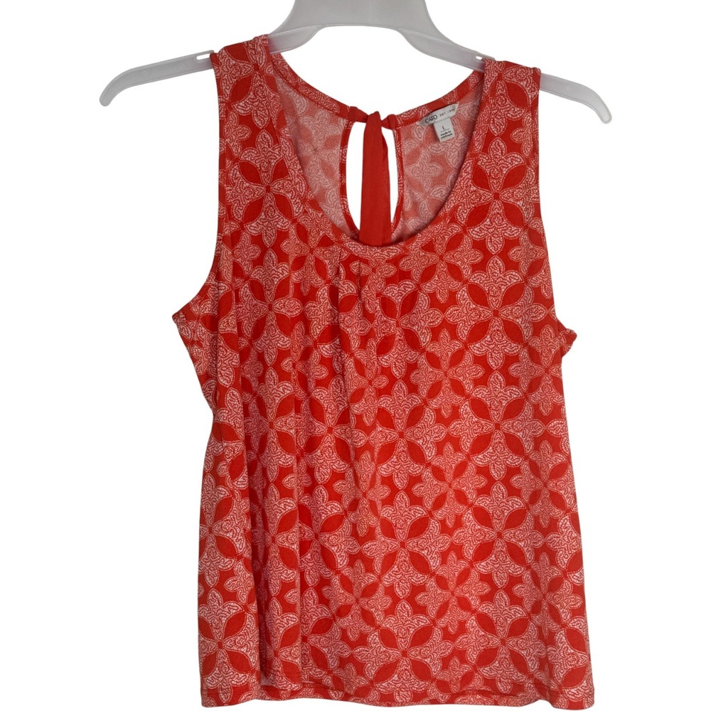 Cato Womens Orange White Geometric Print Sleeveless Tie‎ Neck Tank Top L